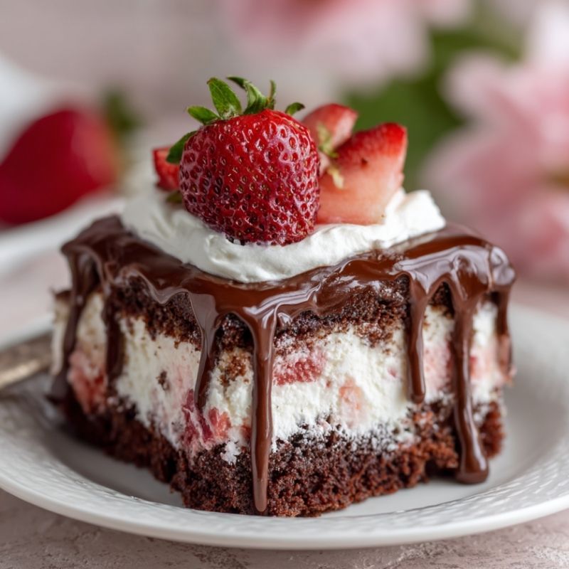 Chocolate Covered Strawberry Poke Cake