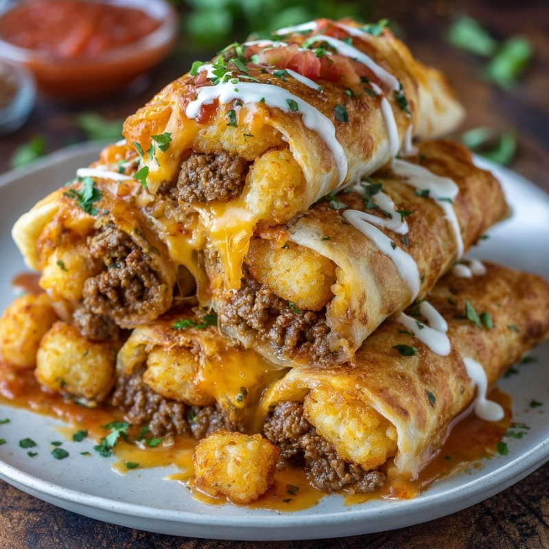 Loaded Cheesy Potato Beef Burritos With Tater Tots